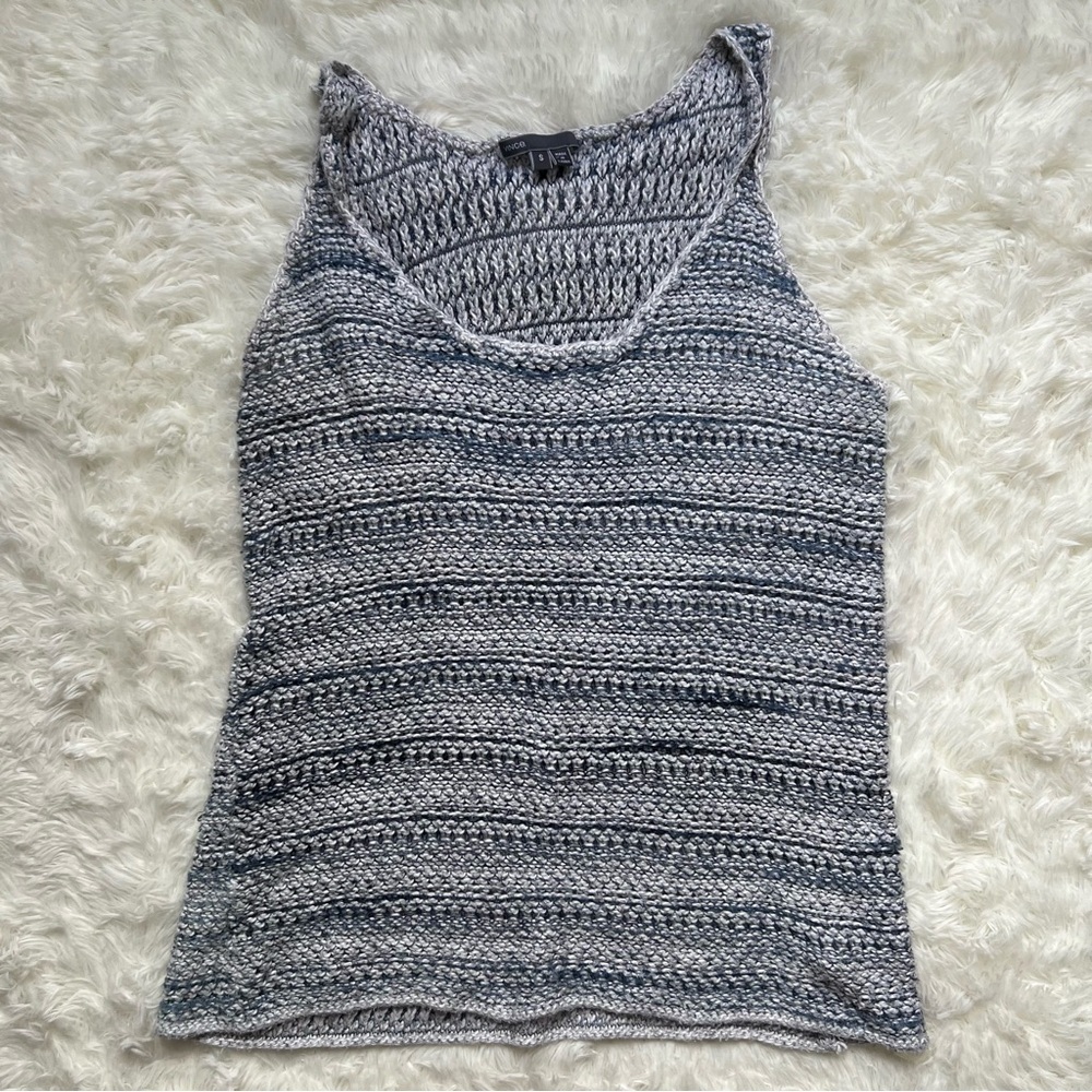 Vince Blue and White Linen-Blend Crochet Tank Top
